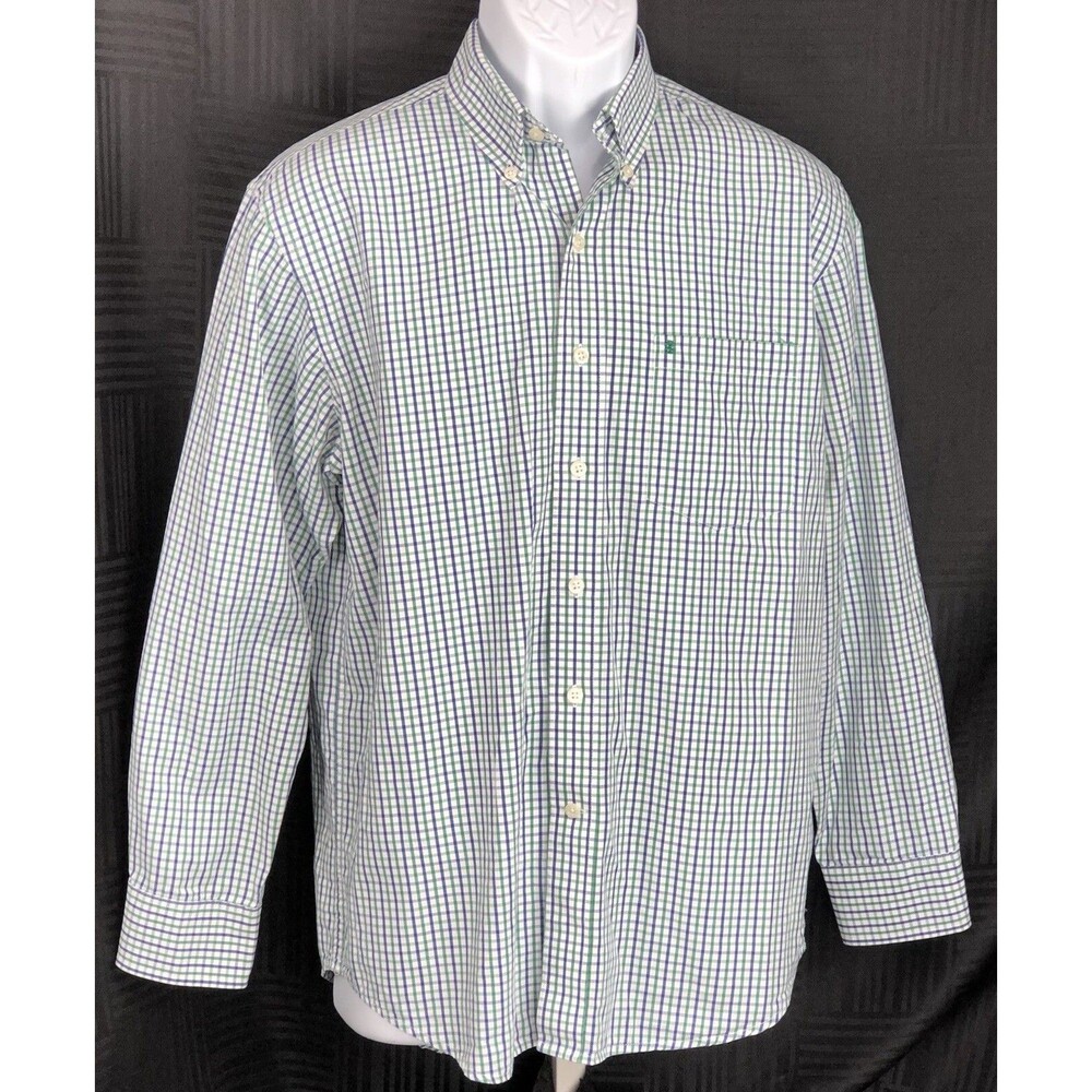 Izod Button Up Oxford Shirt M Blue/Green Plaid Checkered Long Sleeve Pocket
